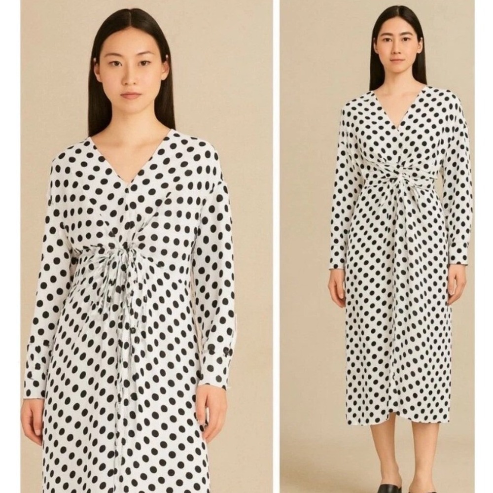 Maje Ristal Bicolo Polka Dot Tie Waist Midi Dress White Black Size 1 Small NWT